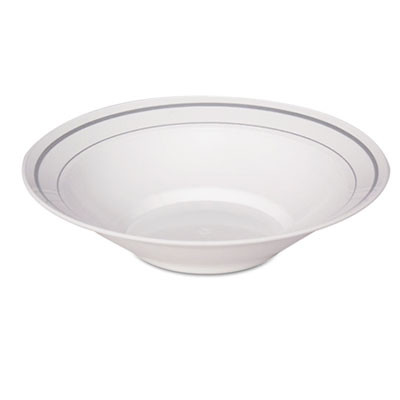 Masterpiece Plastic Dinnerware, Bowl, 10 Oz, White/Silver, 10/Pack, 15 Packs/Carton