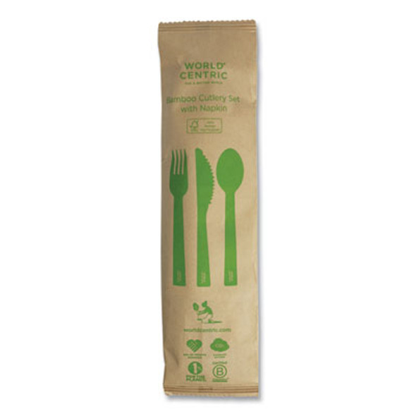 Bamboo Cutlery, Fork/Knife/Napkin/Spoon, Paper, Natural, 250/Carton