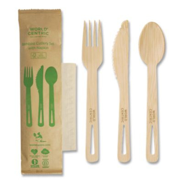 Bamboo Cutlery, Fork/Knife/Napkin/Spoon, Paper, Natural, 250/Carton