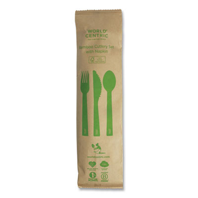 Bamboo Cutlery, Fork/Knife/Napkin/Spoon, Paper, Natural, 250/Carton