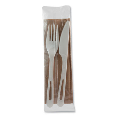 Tpla Wrapped Cutlery, Fork/Knife/Napkin, Plastic, Light Beige, 500/Carton
