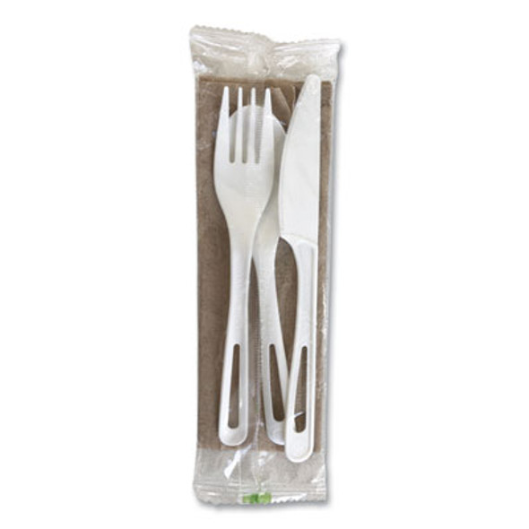 Tpla Wrapped Cutlery, Ribbed, Fork/Knife/Napkin/Spoon, Plastic, White, 250/Carton