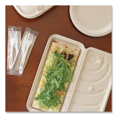 Fiber Hinged Takeout Containers, 13.7 x 6.6 x 1.3, Natural, Paper, 200/Carton