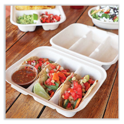Fiber Hinged Takeout Containers, 8.8 x 8.2 x 2.9, Natural, Paper, 300/Carton