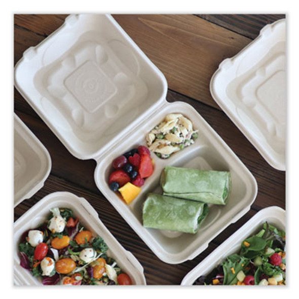 Fiber Hinged Takeout Containers, 3 Compartments, 8.8 x 8.2 x 2.9, Natural, Paper, 300/Carton