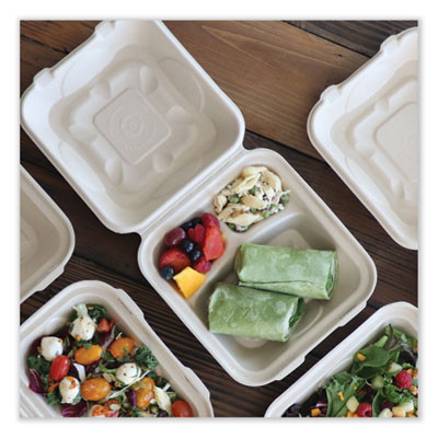 Fiber Hinged Takeout Containers, 3 Compartments, 8.8 x 8.2 x 2.9, Natural, Paper, 300/Carton