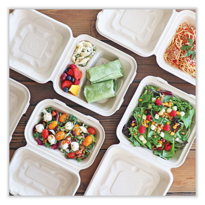 Fiber Hinged Takeout Containers, 9.2 x 9.1 x 3.2, Natural, Paper, 300/Carton
