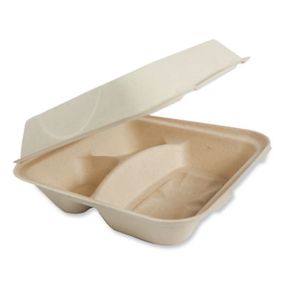 Fiber Hinged Takeout Containers, 3-Compartment, 9.3 x 9 x 3.3, Natural, Paper, 300/Carton