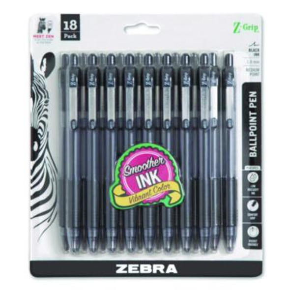 Z-Grip Ballpoint Pen, Retractable, Medium 1 Mm, Black Ink, Clear/Black Barrel, 18/Pack