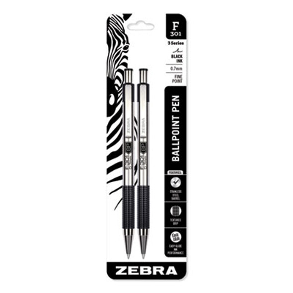 F-301 Ballpoint Pen, Retractable, Fine 0.7 Mm, Black Ink, Stainless Steel/Black Barrel, 2/Pack