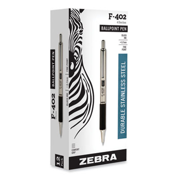 F-402 Ballpoint Pen, Retractable, Fine 0.7 Mm, Black Ink, Stainless Steel/Black Barrel