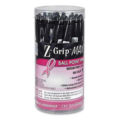 Z-Grip Max Breast Cancer Awareness Ballpoint Pen, Retractable, Bold 1.2 Mm, Black Ink, Silver/Black Barrel, 24/Pack