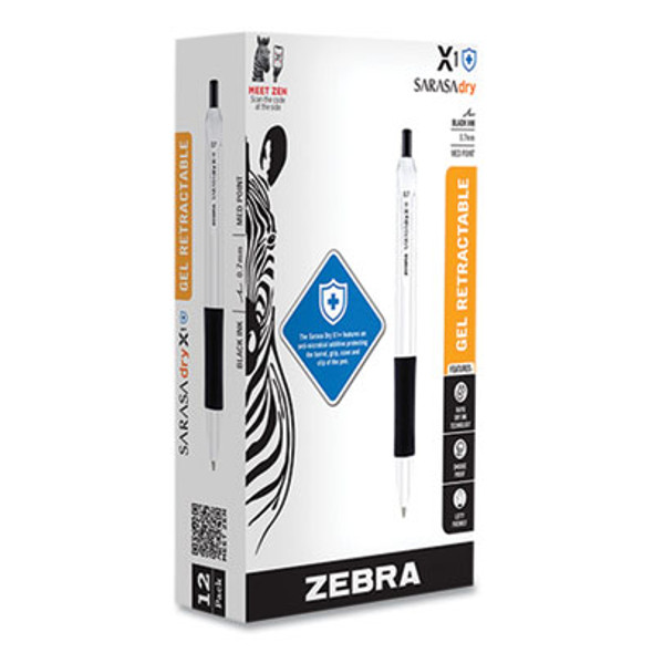 Sarasa Dry X1+ Retractable Gel Pen, Medium 0.7 Mm, Black Ink, White/Black Barrel, 12/Pack