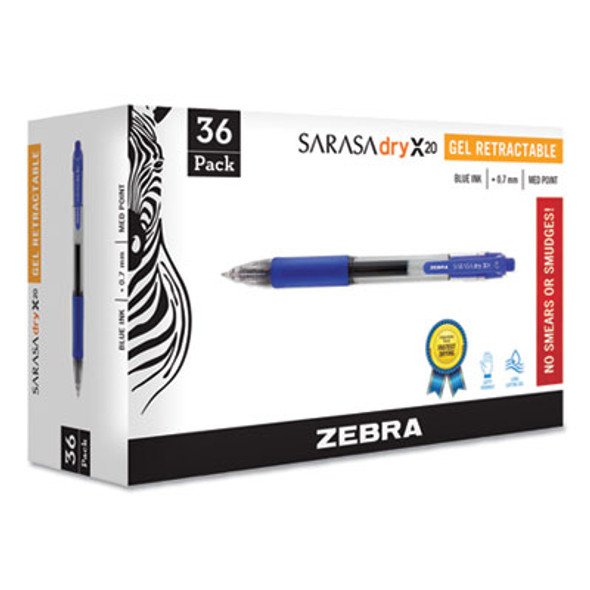 Sarasa Dry Gel X20 Gel Pen, Retractable, Medium 0.7 Mm, Blue Ink, Clear/Blue Barrel, 36/Pack