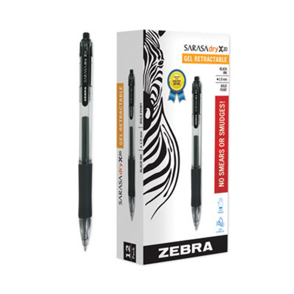 Sarasa Dry Gel X20 Gel Pen, Retractable, Bold 1 Mm, Black Ink, Clear/Black Barrel, 12/Pack
