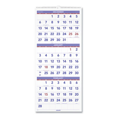 Deluxe Three-Month Reference Wall Calendar, Vertical Orientation, 12 x 27, White Sheets, 14-Month: Dec 2025 To Jan 2027
