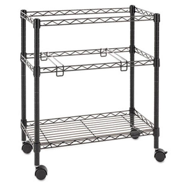 Two-Tier File Cart For Front-To-Back + Side-To-Side Filing, Metal, 1 Shelf, 3 Bins, 26" x 14" x 29.5", Black
