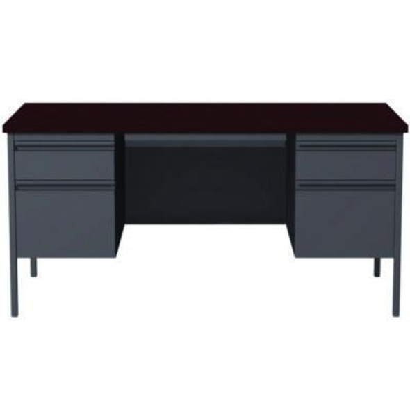 Double Pedestal Steel Desk, 60" x 30" x 29.5", Mahogany/Charcoal, Charcoal Legs