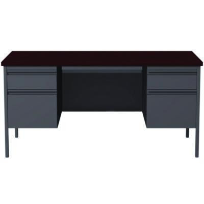 Double Pedestal Steel Desk, 60" x 30" x 29.5", Mahogany/Charcoal, Charcoal Legs