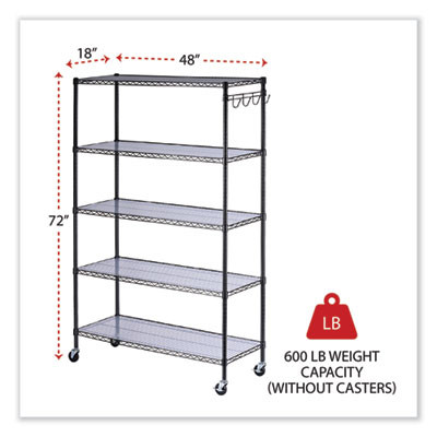 5-Shelf Wire Shelving Kit With Casters And Shelf Liners, 48w X 18d X 72h, Black Anthracite