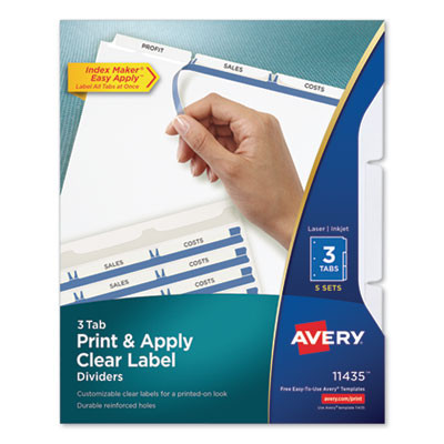 Print And Apply Index Maker Clear Label Dividers, 3-Tab, White Tabs, 11 x 8.5, White, 5 Sets