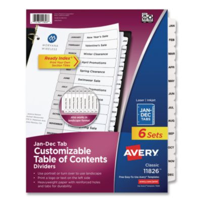 Customizable Table Of Contents Ready Index Black And White Dividers, 12-Tab, Jan. To Dec., 11 x 8.5, White, 6 Sets