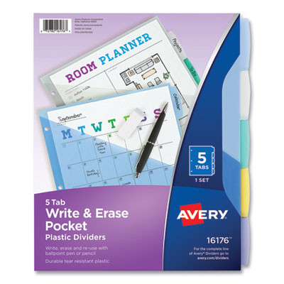 Write And Erase Durable Plastic Dividers With Slash Pocket, 3-Hold Punched, 5-Tab, 11.13 x 9.25, Assorted, 1 Set