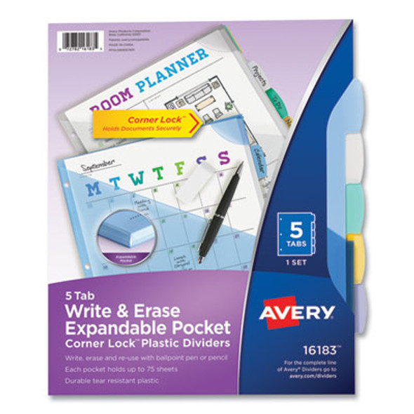 Write And Erase Big Tab Durable Plastic Dividers, Expandable Pocket, 3-Hole Punched, 5-Tab, 11 x 8.5, Assorted, 1 Set