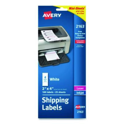 Mini-Sheets Mailing Labels, Inkjet/Laser Printers, 2 X 4, White, 4/Sheet, 25 Sheets/Pack
