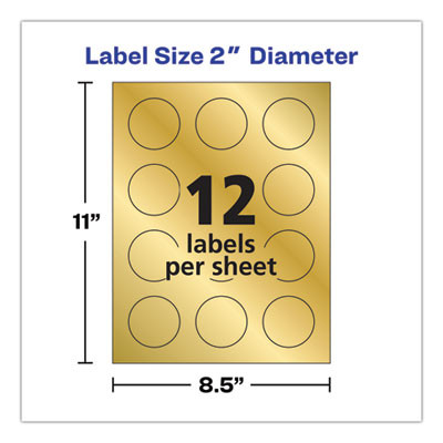 Round Labels, Inkjet Printers, 2" Dia, Gold, 12/Sheet, 8 Sheets/Pack