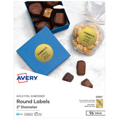 Round Labels, Inkjet Printers, 2" Dia, Gold, 12/Sheet, 8 Sheets/Pack