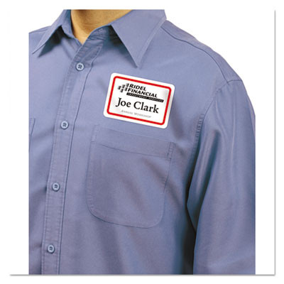 Flexible Adhesive Name Badge Labels, 3.38 X 2.33, White/Red Border, 400/Box
