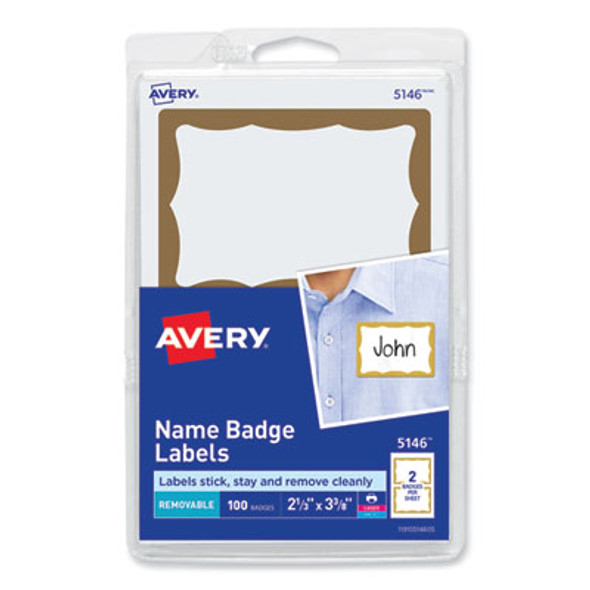 Printable Adhesive Name Badges, 3.38 X 2.33, Gold Border, 100/Pack