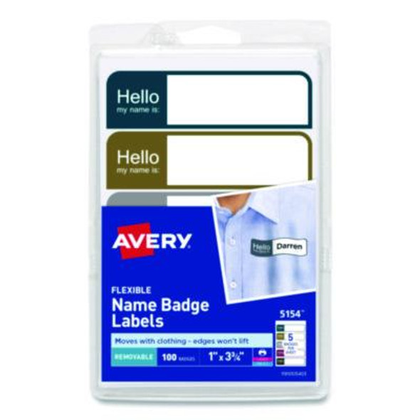 Flexible Self-Adhesive Mini Name Badge Labels, 1 X 3.75, Hello, Assorted, 100/Pack
