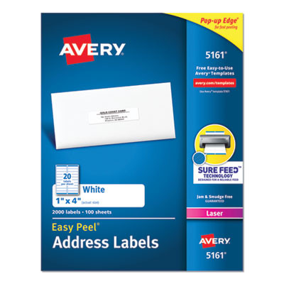 Easy Peel White Address Labels W/ Sure Feed Technology, Laser Printers, 1 X 4, White, 20/Sheet, 100 Sheets/Box