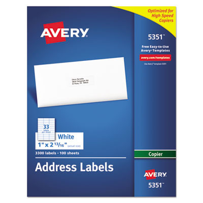 Copier Mailing Labels, Copiers, 1 X 2.81, White, 33/Sheet, 100 Sheets/Box
