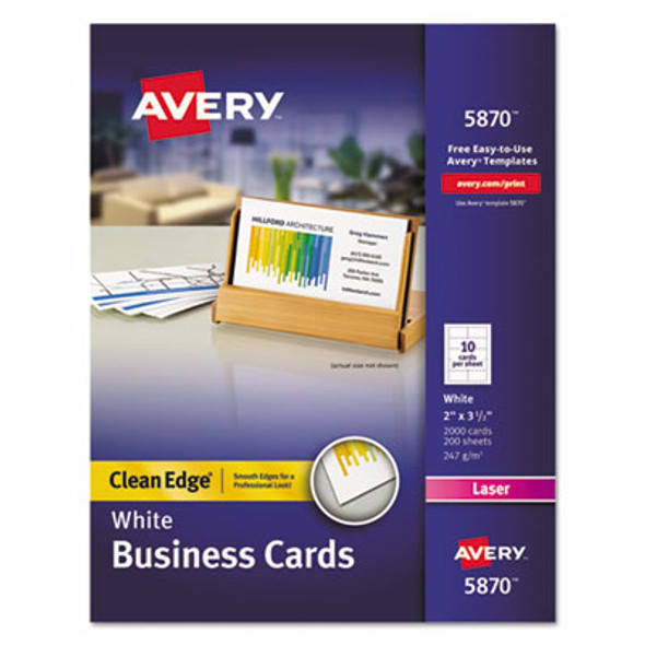 Clean Edge Business Card Value Pack, Laser, 2 x 3.5, White, 10 Cards/Sheet, 200 Sheets/Box