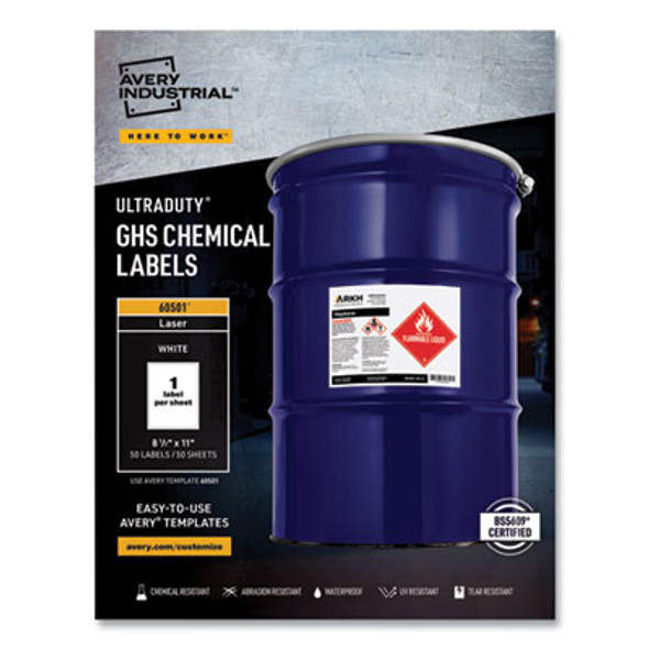 Ultraduty Ghs Chemical Waterproof And Uv Resistant Labels, 8.5 X 11, White, 50/Box