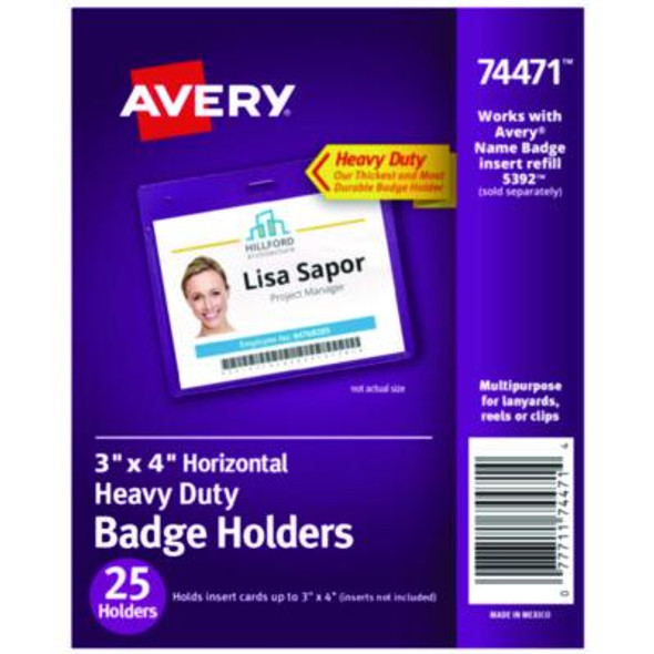 Secure Top Heavy-Duty Badge Holders, Horizontal, 4w X 3h, Clear, 25/Pack