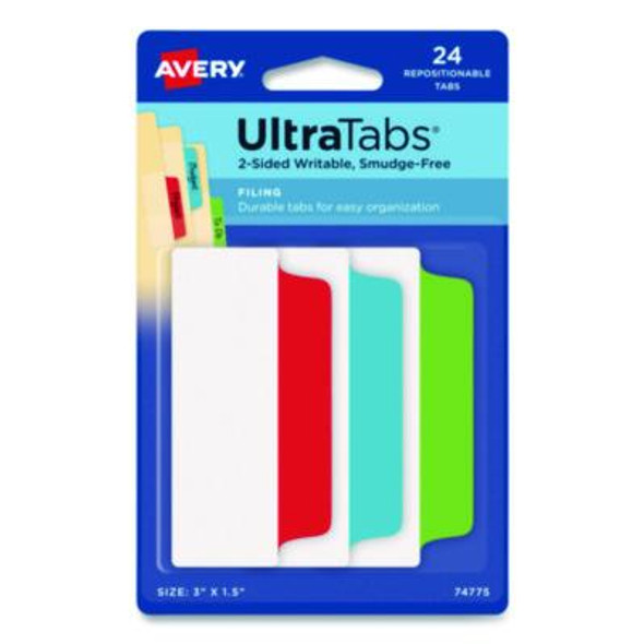 Ultra Tabs Repositionable Tabs, Wide And Slim: 3" x 1.5", 1/3-Cut, Assorted Colors, 24/Pack
