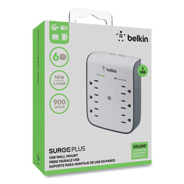 Surgeplus Usb Wall Mount Charger, 6 Ac Outlets/2 Usb Ports, 900 J, White/Black