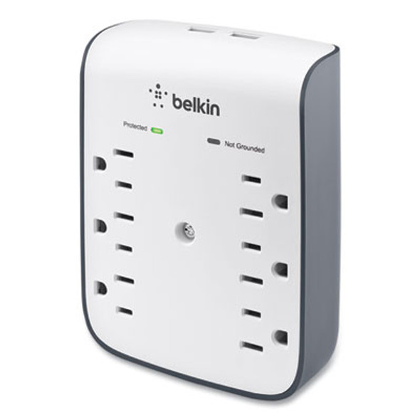 Surgeplus Usb Wall Mount Charger, 6 Ac Outlets/2 Usb Ports, 900 J, White/Black