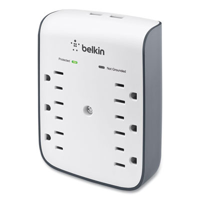 Surgeplus Usb Wall Mount Charger, 6 Ac Outlets/2 Usb Ports, 900 J, White/Black