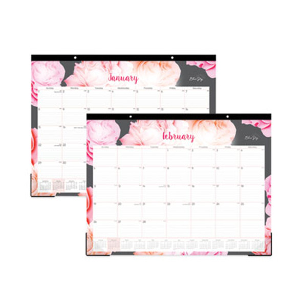 Joselyn Desk Pad, Rose Artwork, 22 x 17, White/Pink/Peach Sheets, Black Binding, Clear Corners, 12-Month (Jan To Dec): 2026