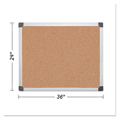 Value Cork Bulletin Board With Aluminum Frame, 24" x 36", Tan Surface, Satin Aluminum Frame