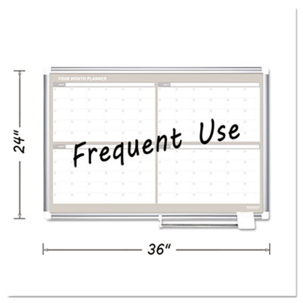 Magnetic Dry Erase Calendar Board, Four-Month Planning/Scheduling, 36" x 24", White Surface, Satin Aluminum Frame