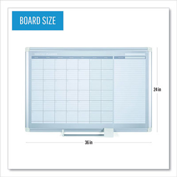 Magnetic Dry Erase Calendar Board, Monthly Planning/Scheduling, 36" x 24", White Surface, Satin Aluminum Frame