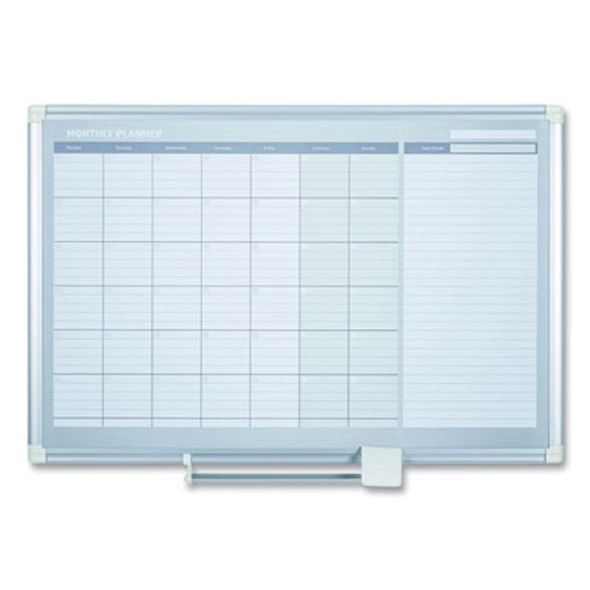 Magnetic Dry Erase Calendar Board, Monthly Planning/Scheduling, 36" x 24", White Surface, Satin Aluminum Frame