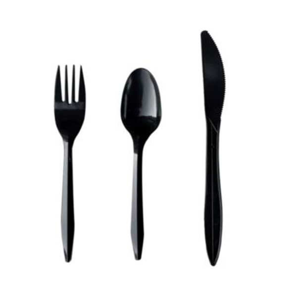 Three-Piece Polypropylene Cutlery Kit, Mediumweight, Fork/Knife/Spoon, Plastic, Black, 250/Carton