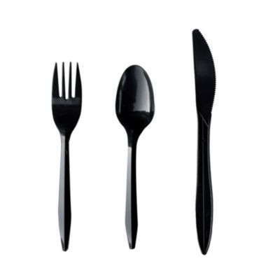 Three-Piece Polypropylene Cutlery Kit, Mediumweight, Fork/Knife/Spoon, Plastic, Black, 250/Carton